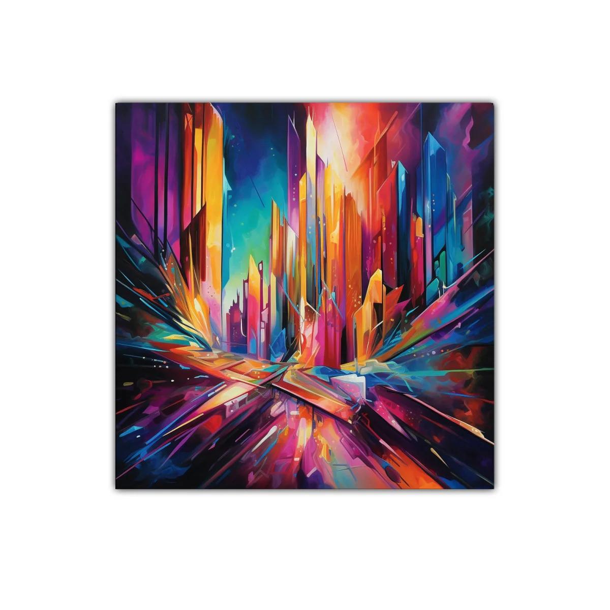 Cuadro vibrante con paisaje urbano abstracto colorido — imagen principal