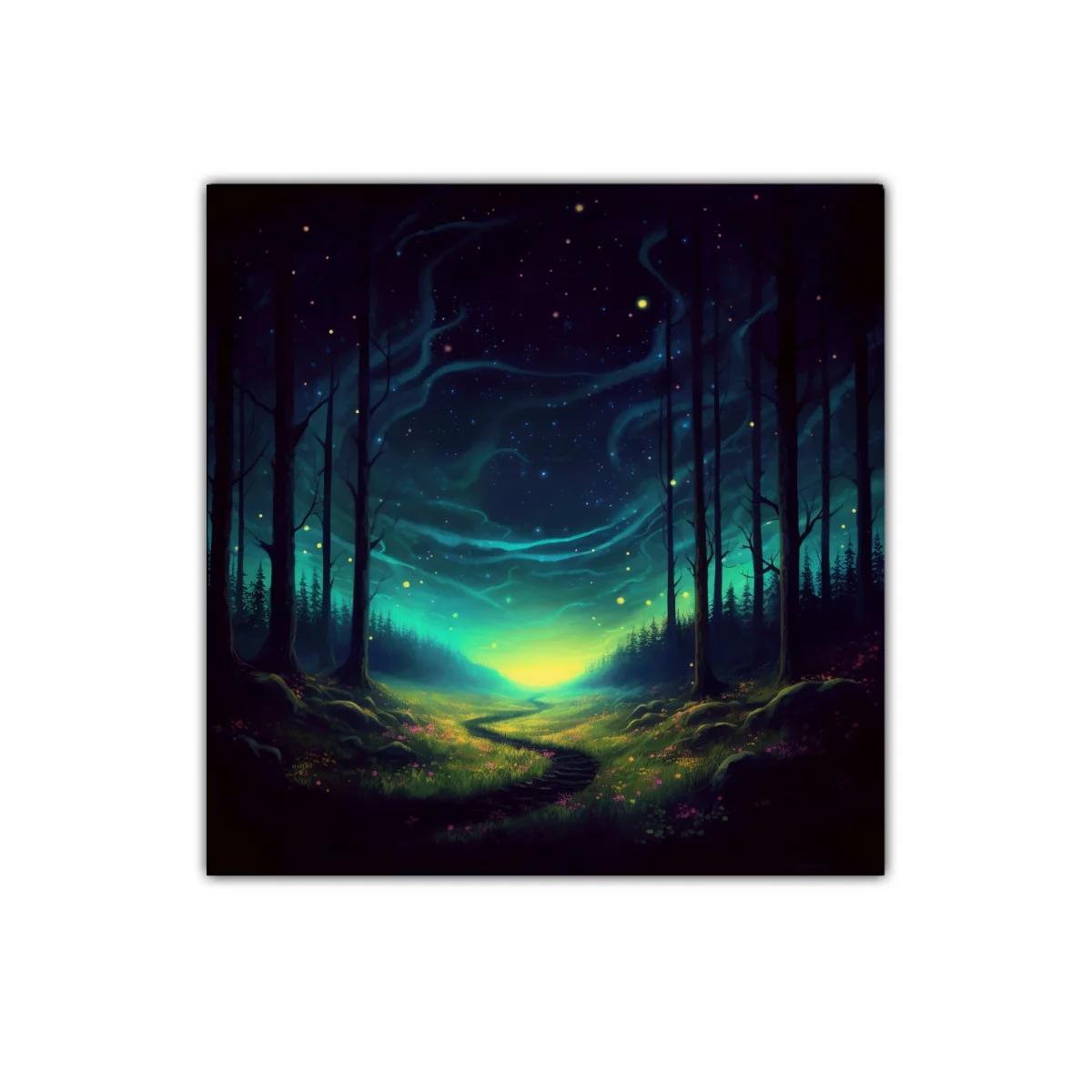 Paisaje nocturno mágico con sendero iluminado y cielo estrellado