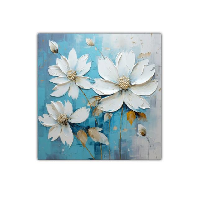 Cuadro decorativo con flores blancas sobre fondo azul