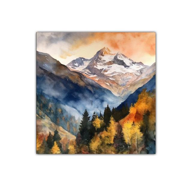 Paisaje montañoso con tonos otoñales y cielos cálidos