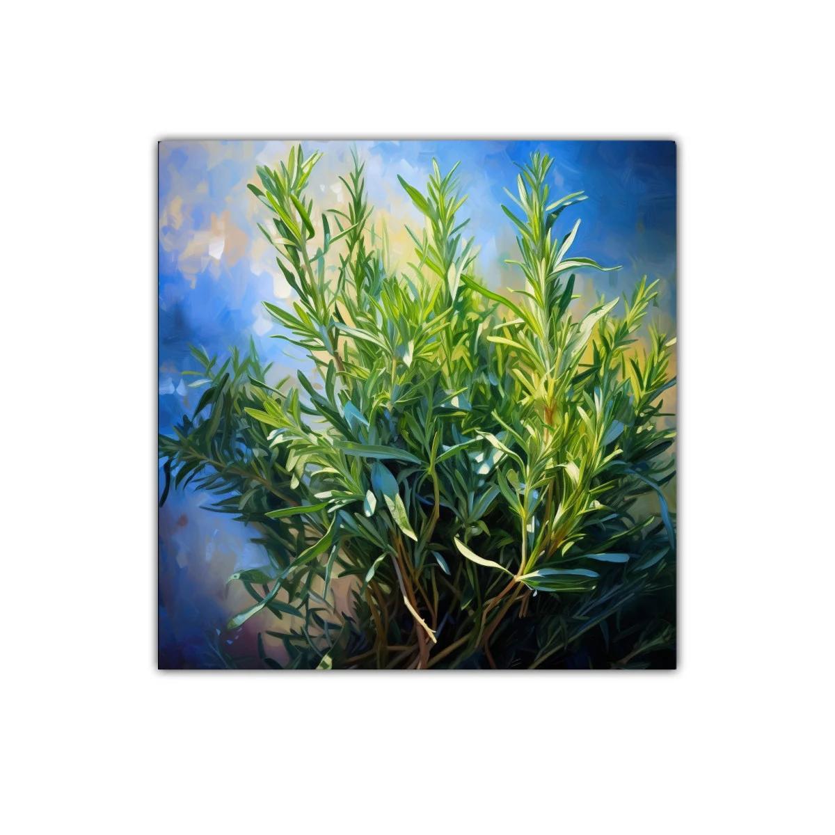 Cuadro decorativo de planta verde con fondo azul y luz cálida — imagen principal