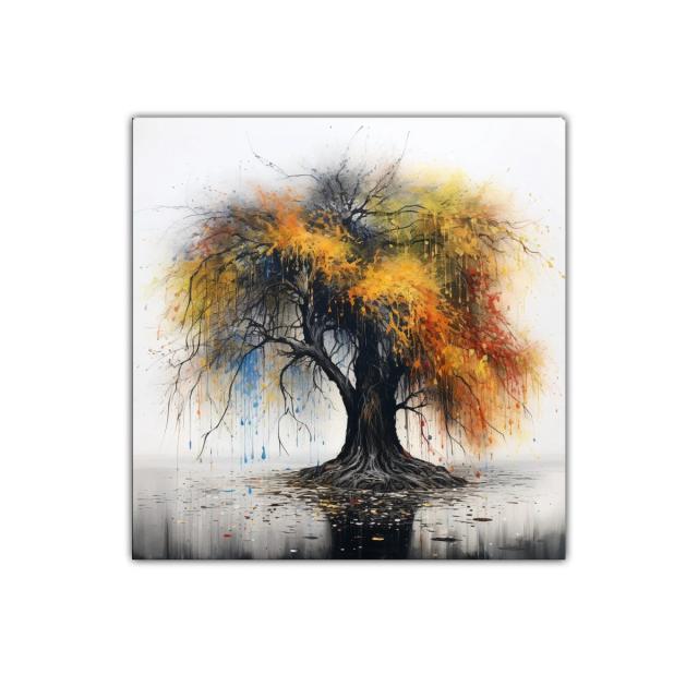 Árbol colorido con ramas dramáticas y reflejo artístico
