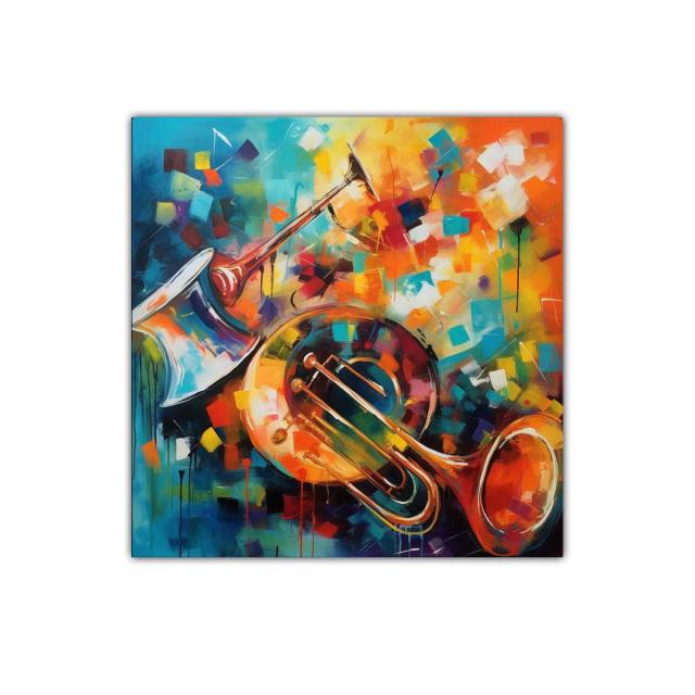 Cuadro decorativo vibrante con trompeta en tonos cálidos y fríos