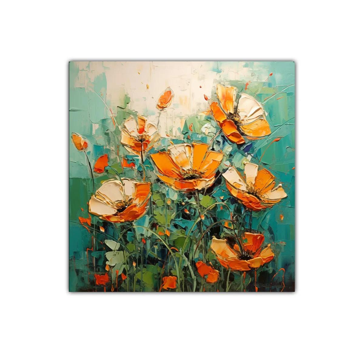Cuadro floral vibrante con flores naranjas sobre fondo azul verdoso