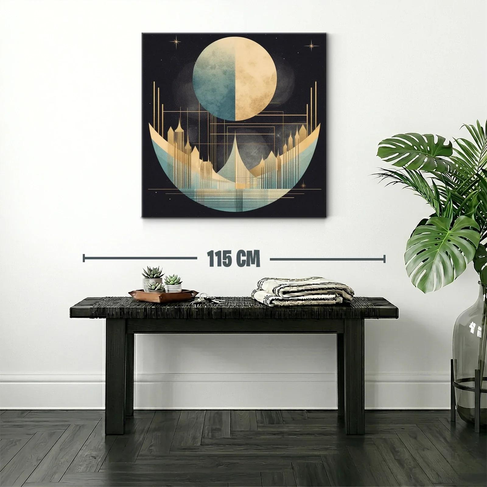 Cuadro abstracto con luna y ciudad futurista en tonos dorados — miniatura 2