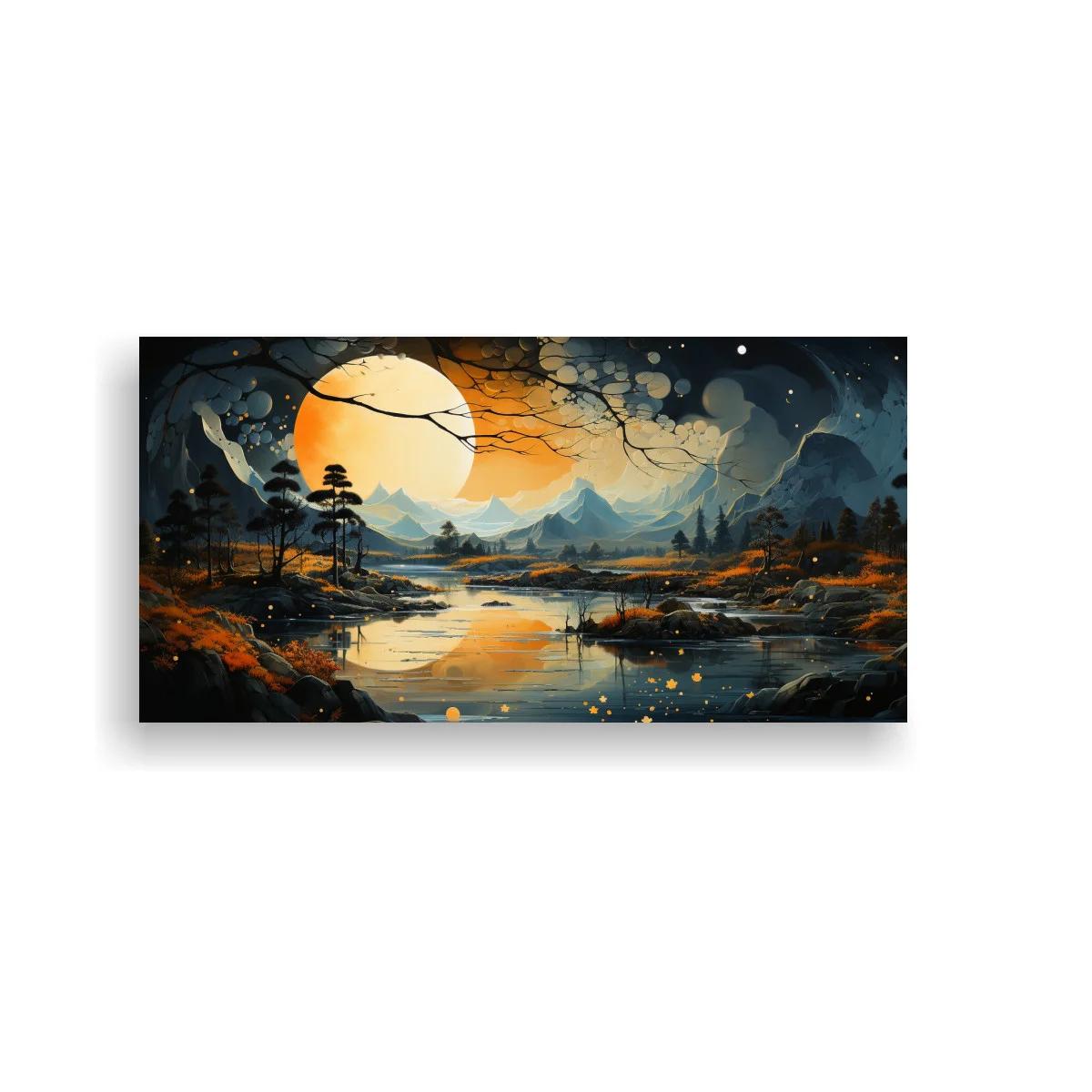 Cuadro paisaje nocturno con luna llena y reflejo dorado