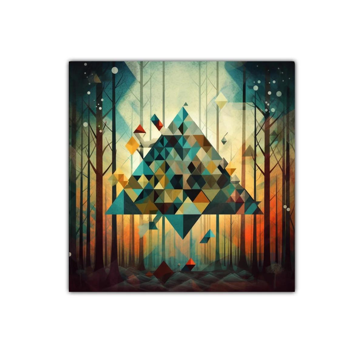 Cuadro geométrico con tonos cálidos y fríos en bosque abstracto