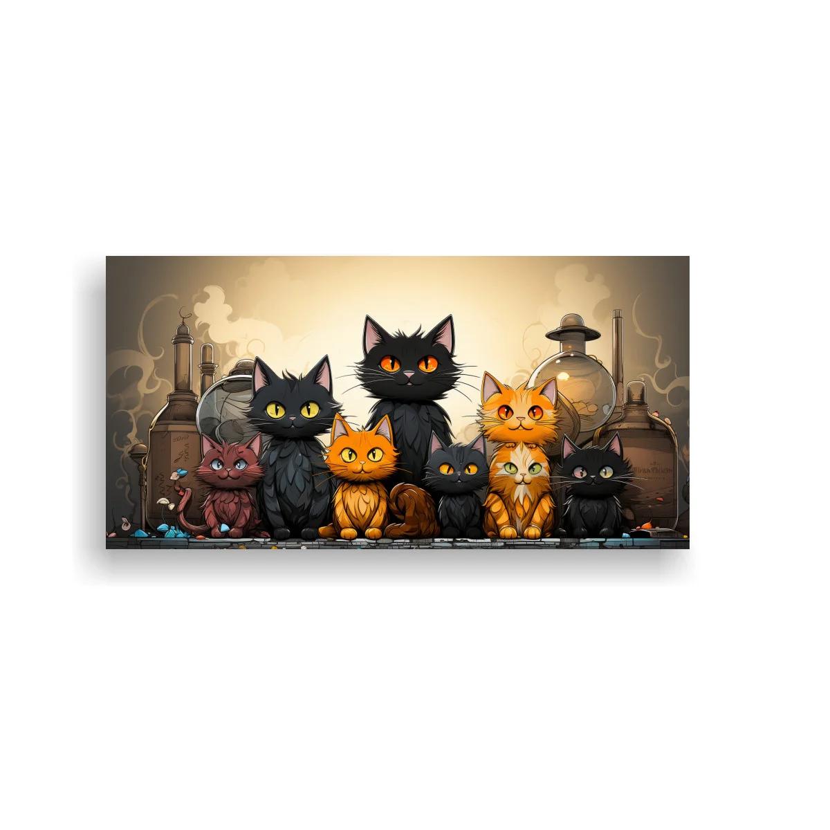 Cuadro grupo de gatos negros y naranjas con frascos de vidrio