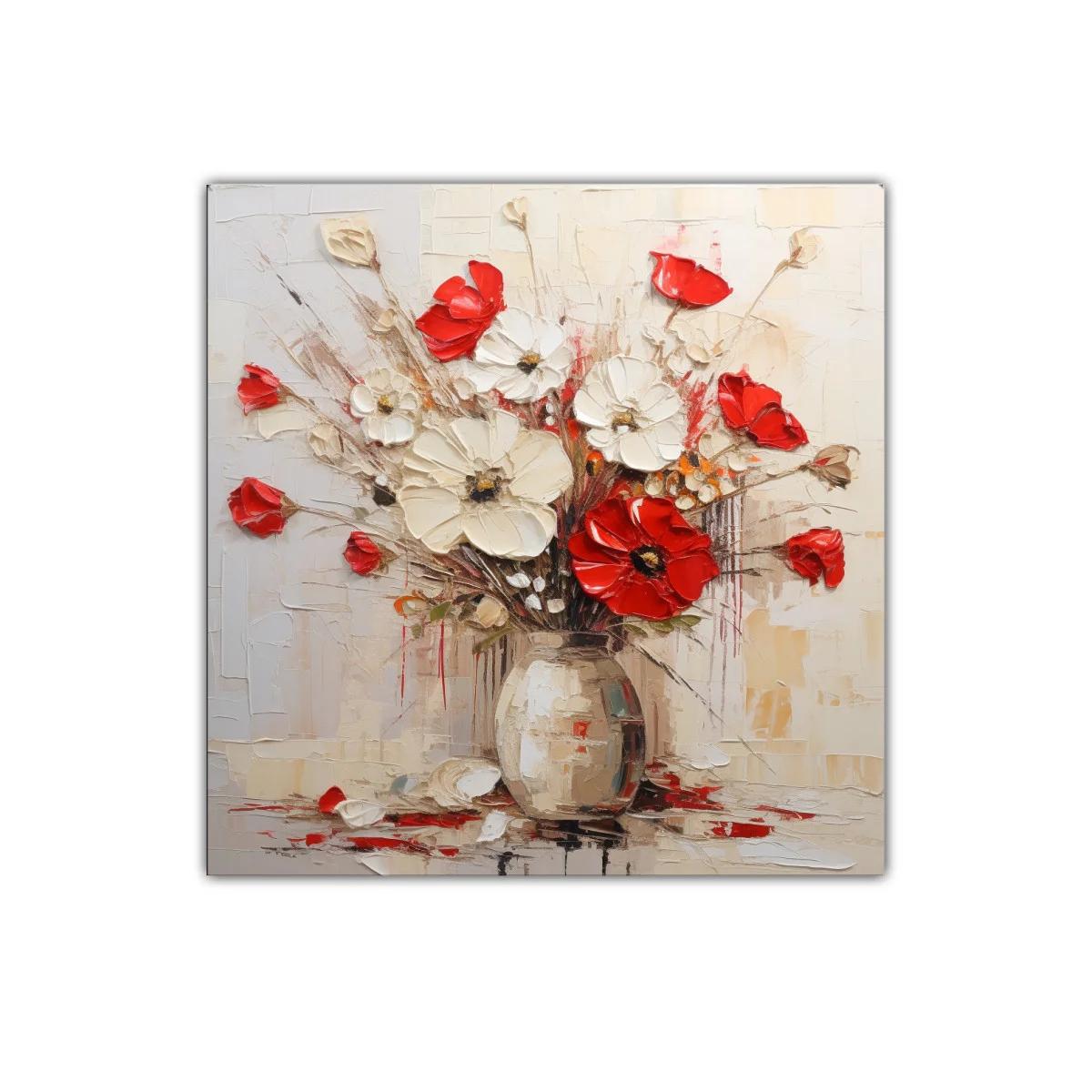 Ramo vibrante de flores rojas y blancas en jarrón neutro — imagen principal