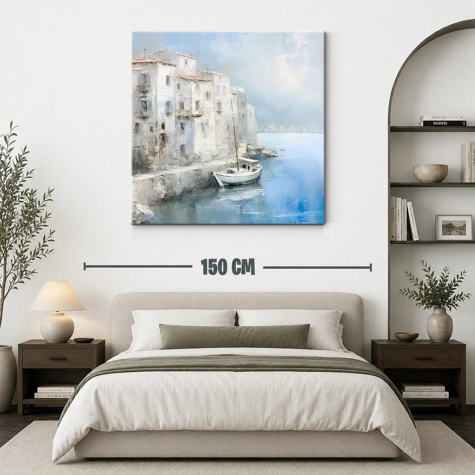 Paisaje costero sereno con barco y edificaciones antiguas — miniatura 3