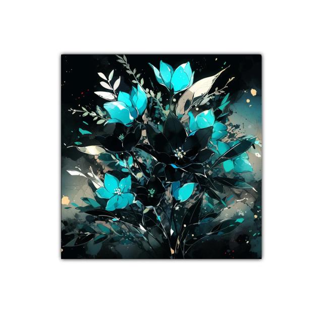 Ramo vibrante de flores turquesa y negras sobre fondo oscuro