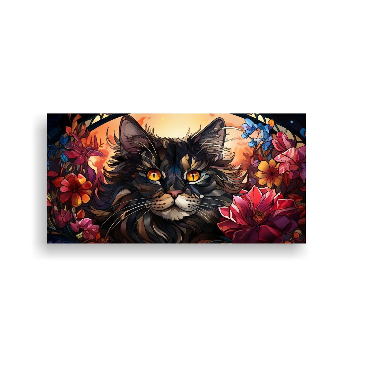 Cuadro gato negro de pelo largo entre flores y mariposas