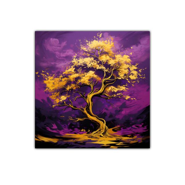 Árbol dorado sobre fondo púrpura vibrante