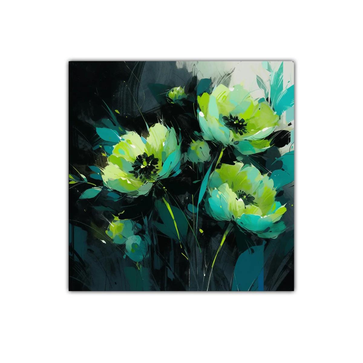 Florales en tonos verdes y azulados con fondo oscuro