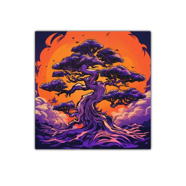 Árbol místico en contraste vibrante con fondo ardiente