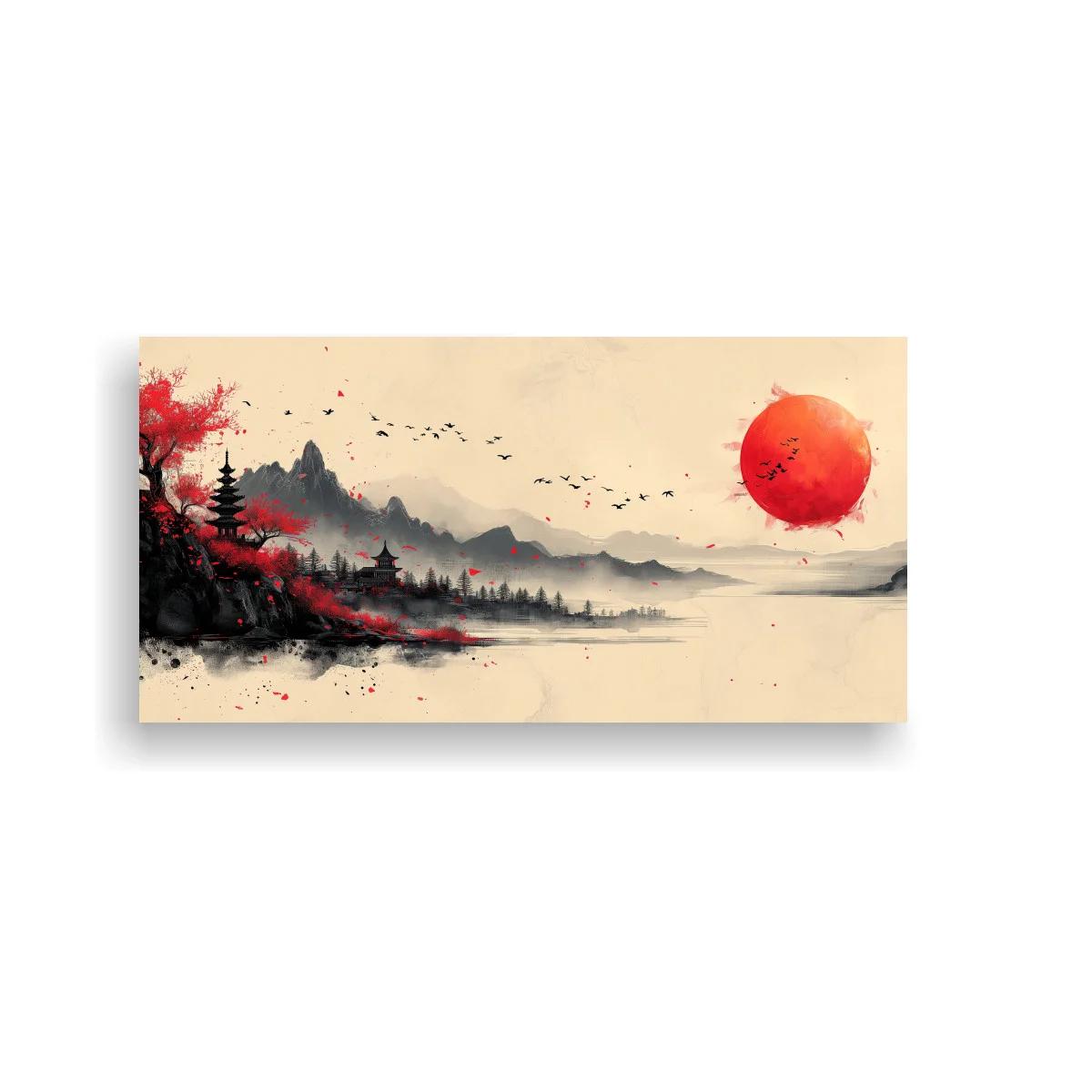 Cuadro paisaje asiático con sol rojo y agua calma