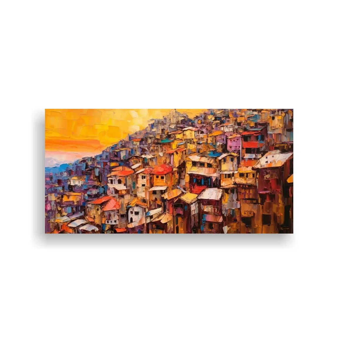 Cuadro casas apiñadas en una ladera con cielo al atardecer