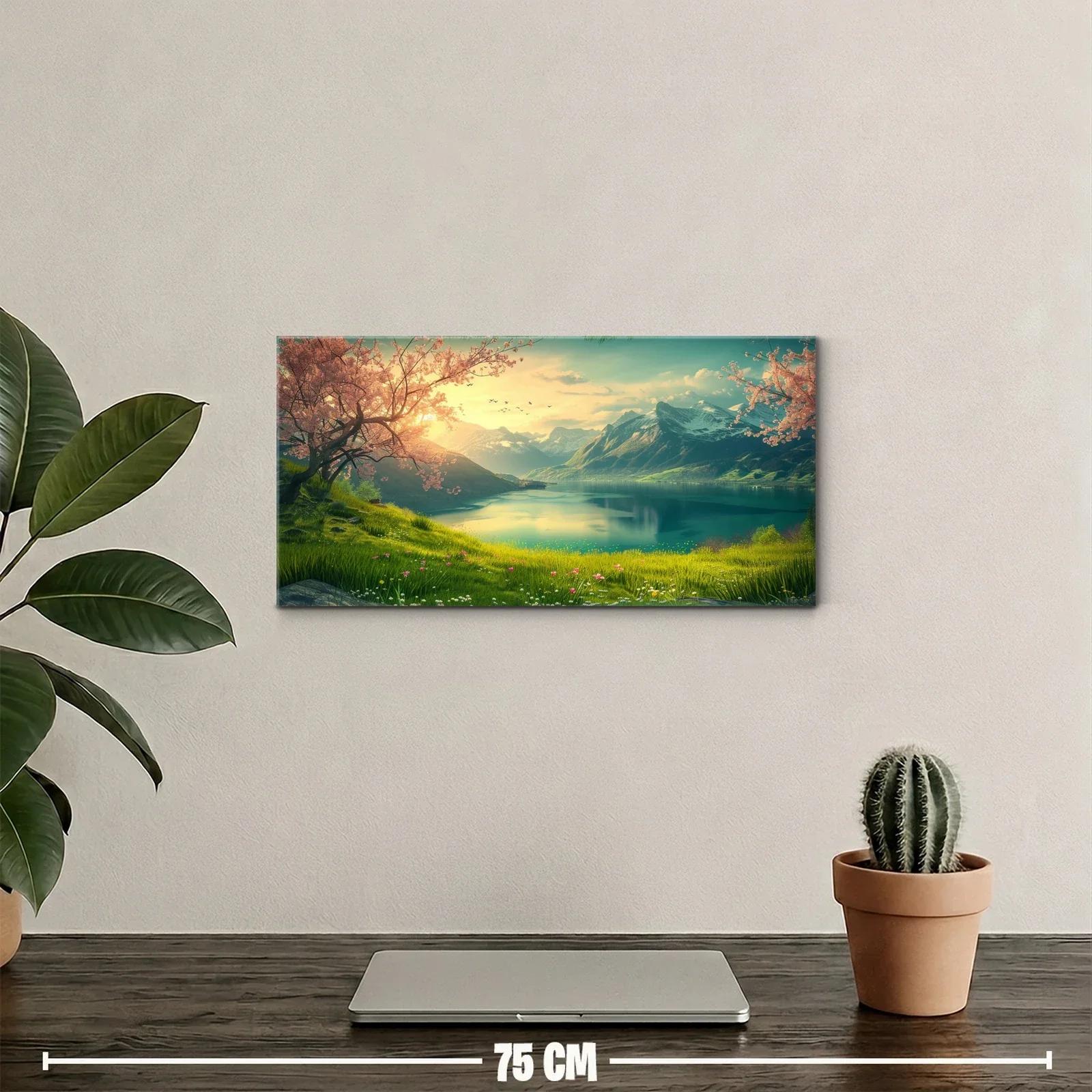 Cuadro lago de montaña al amanecer con flores silvestres — miniatura 2