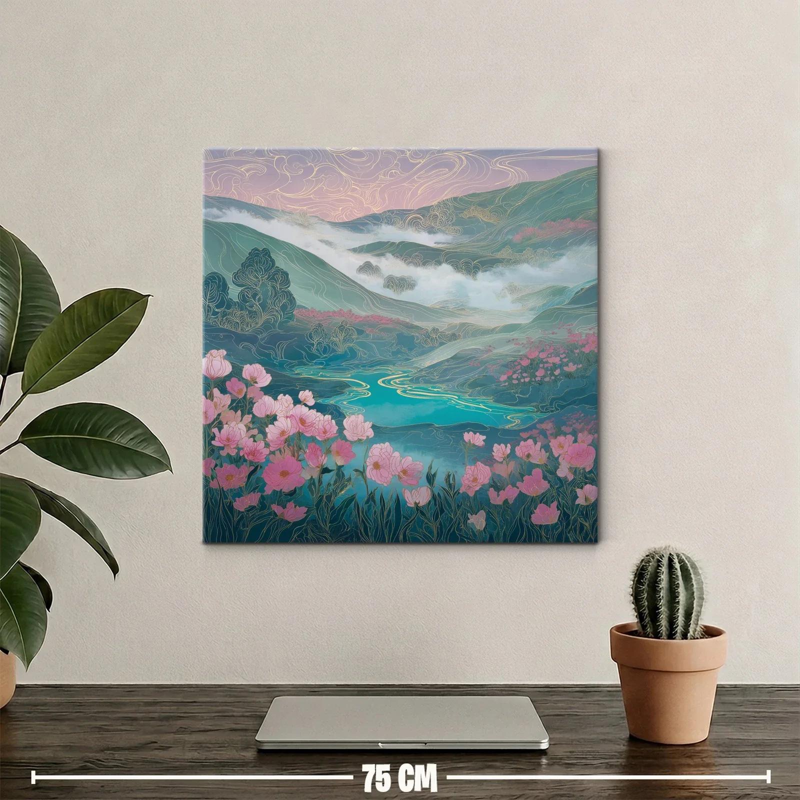 Paisaje floral con lago y montañas en tonos suaves — miniatura 2