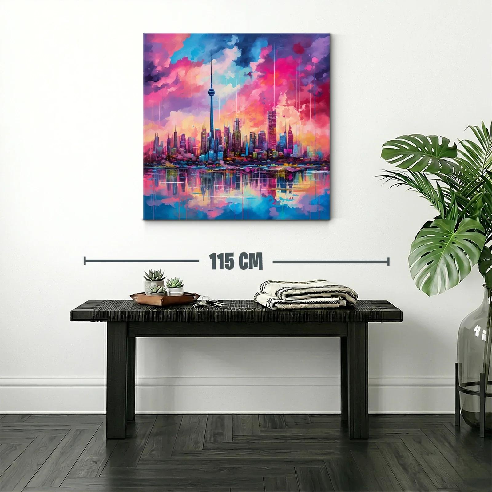Atardecer vibrante sobre ciudad moderna y reflejos en agua — miniatura 2