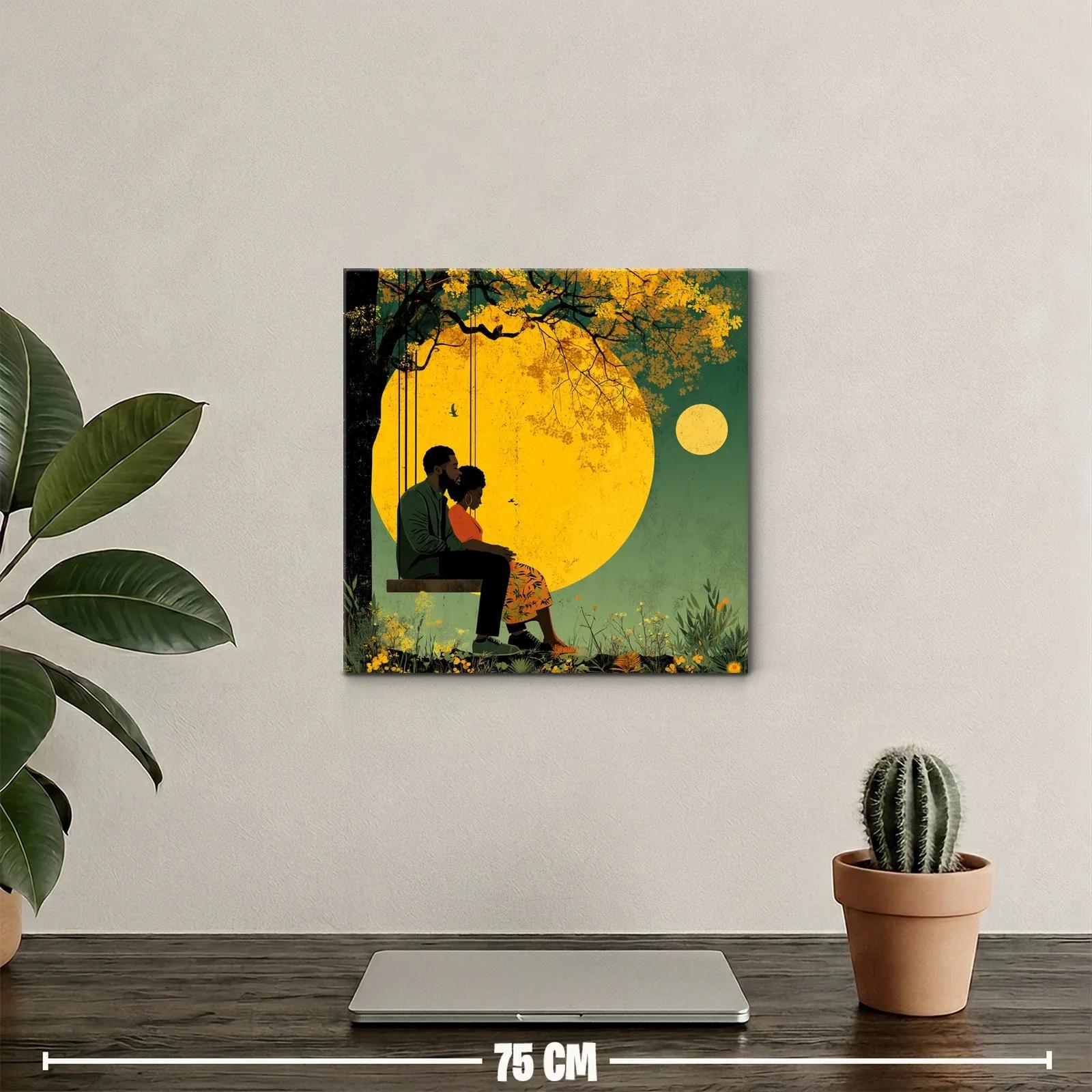 Cuadro romántico con pareja en columpio bajo luna llena — miniatura 2