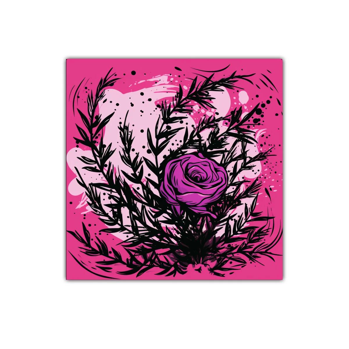 Rosa vibrante con follaje negro sobre fondo rosa intenso — imagen principal