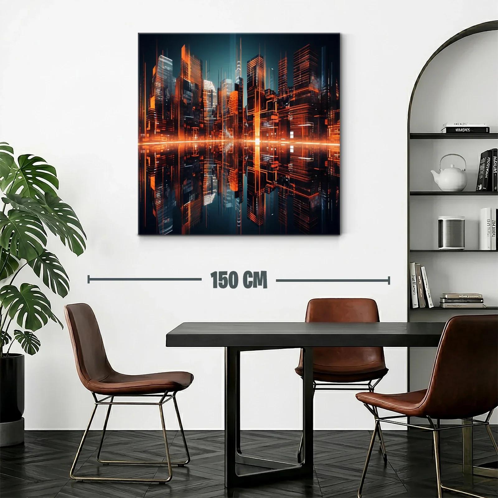 Ciudad futurista iluminada con reflejos naranjas vibrantes — miniatura 2
