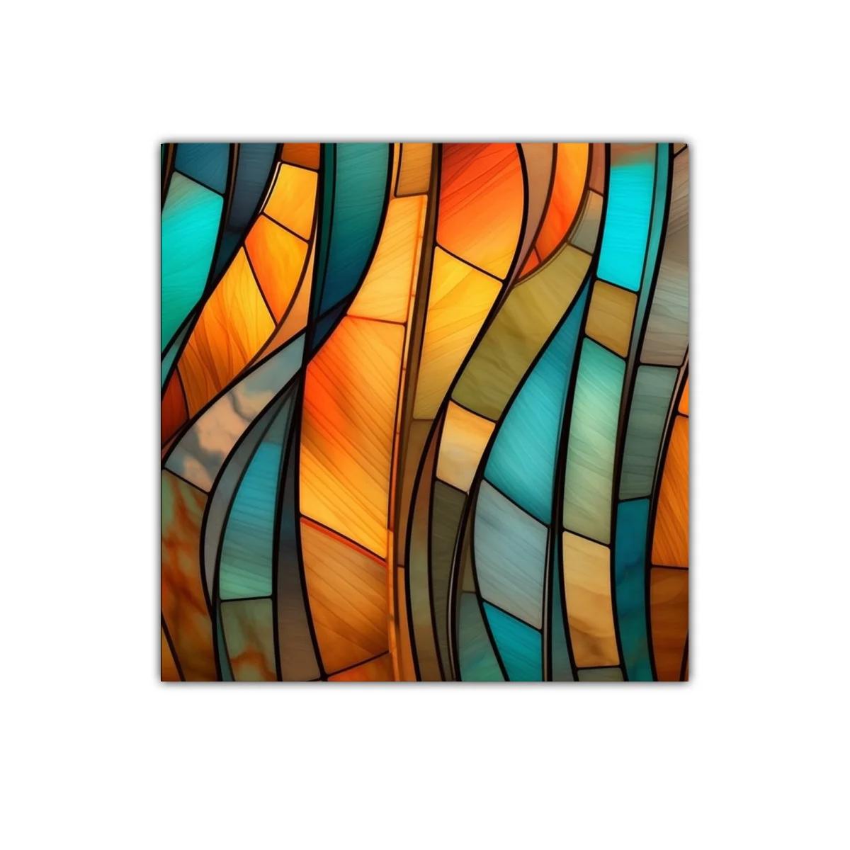 Cuadro abstracto con tonos cálidos y fríos entrelazados