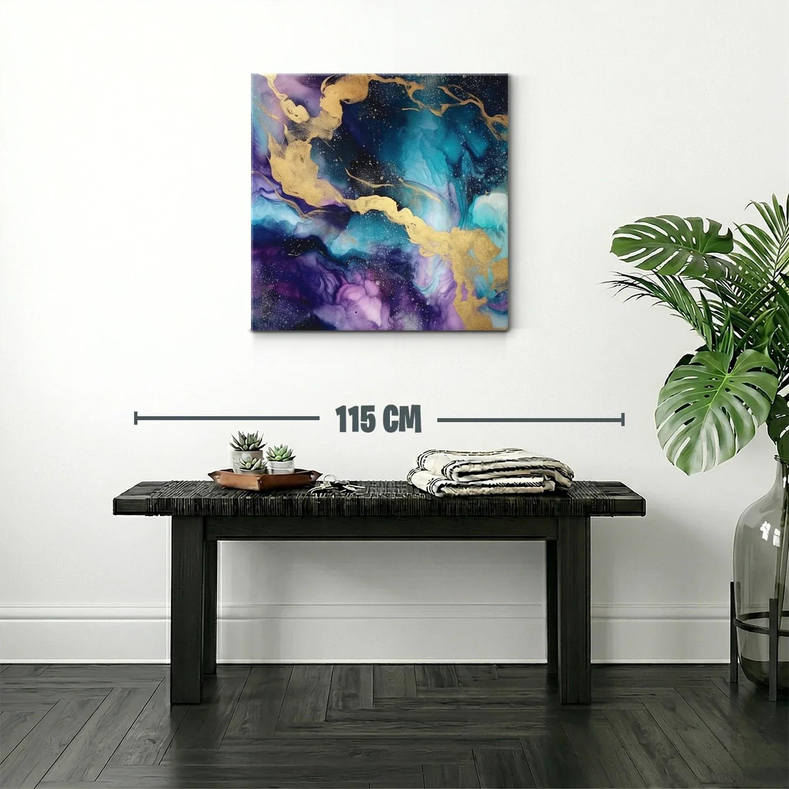 Cuadro abstracto con tonos azulados y dorados vibrantes — miniatura 2