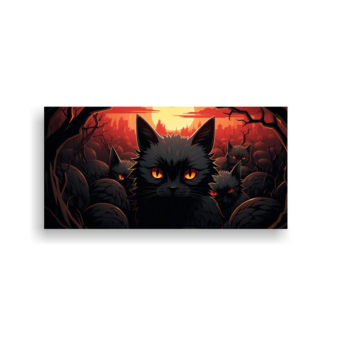 Cuadro gato negro de ojos naranjas entre ramas oscuras