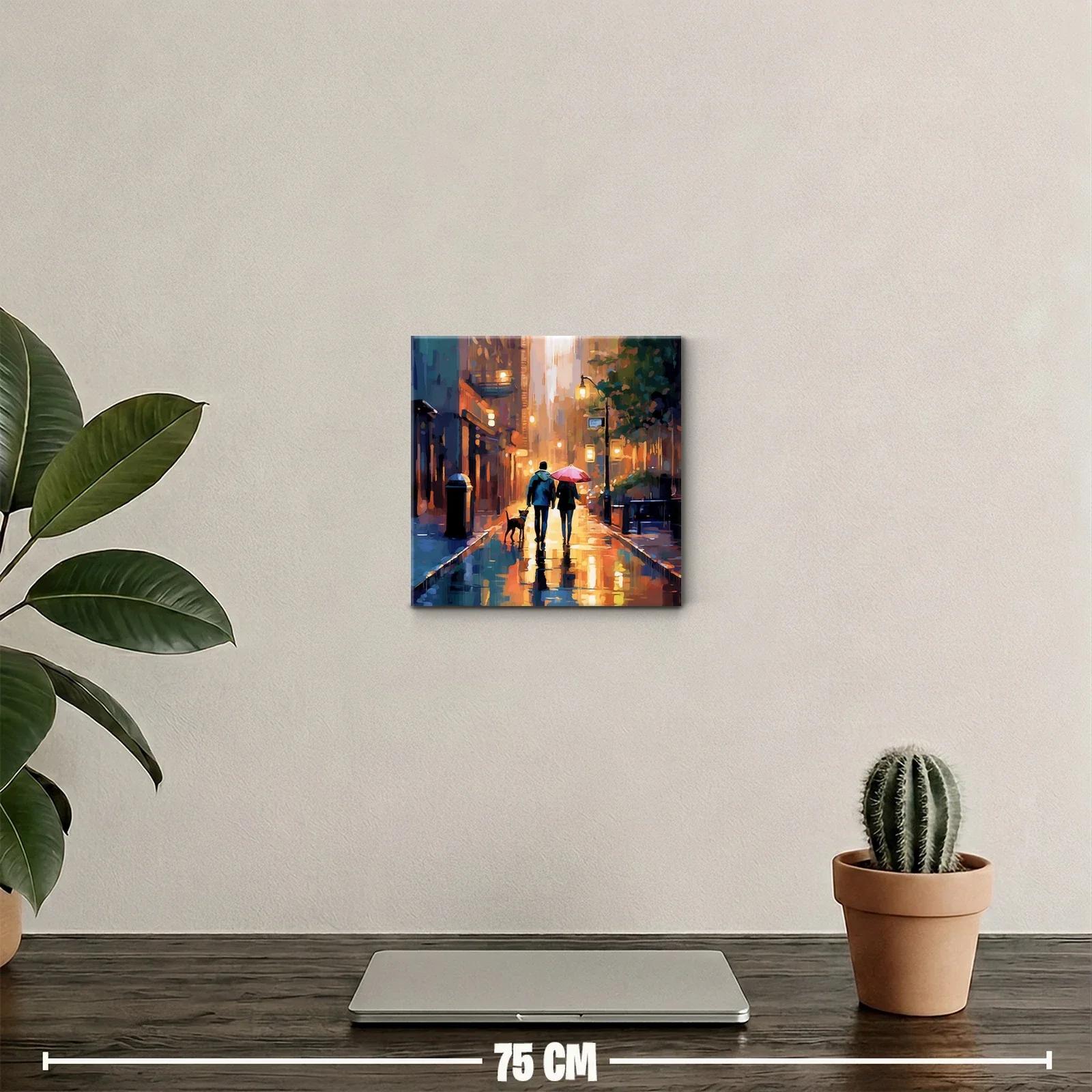 Paseo urbano al atardecer con perro y paraguas rojo — miniatura 2