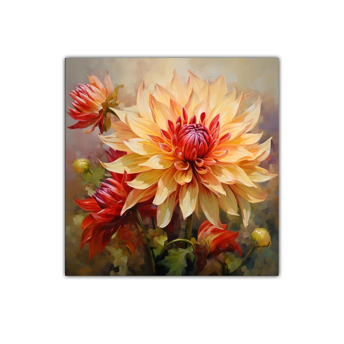 Cuadro decorativo con flor dahlia en tonos cálidos y vibrantes