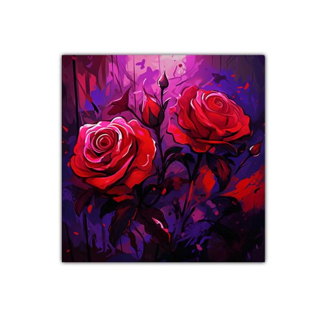 Rosas rojas vibrantes en fondo abstracto púrpura