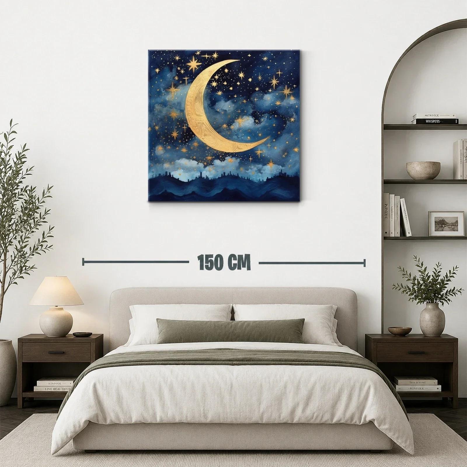 Cuadro con luna dorada y cielo estrellado azul — miniatura 3