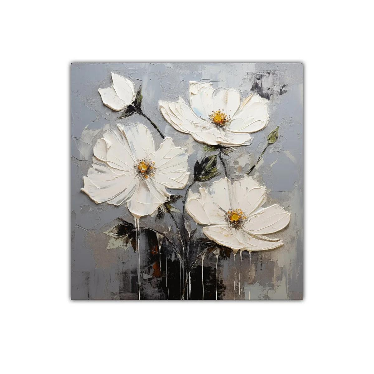 Cuadro decorativo con flores blancas sobre fondo gris