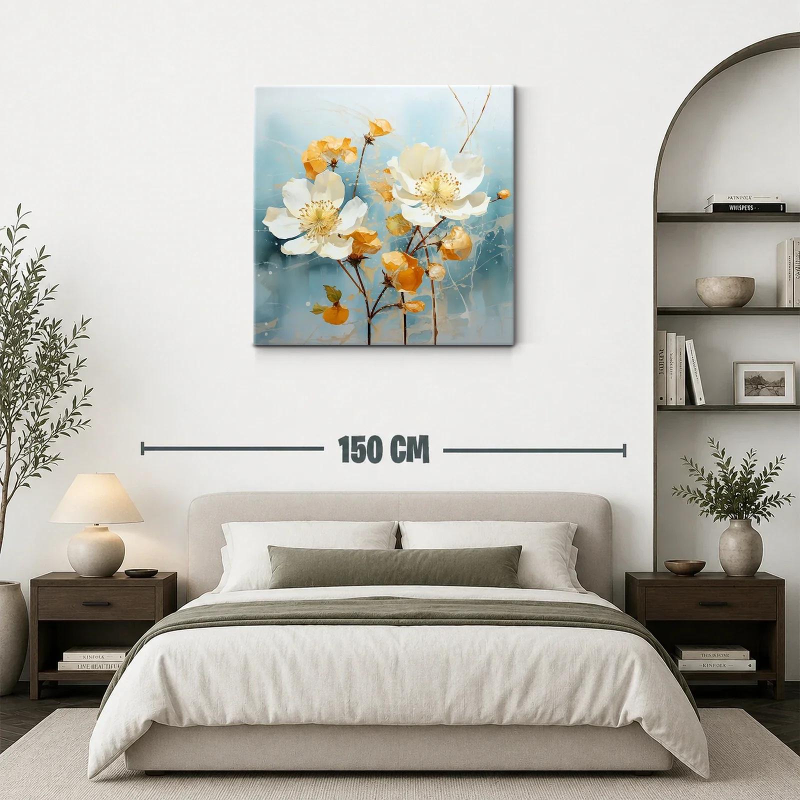 Cuadro con flores blancas y tonos cálidos sobre fondo azul — miniatura 3