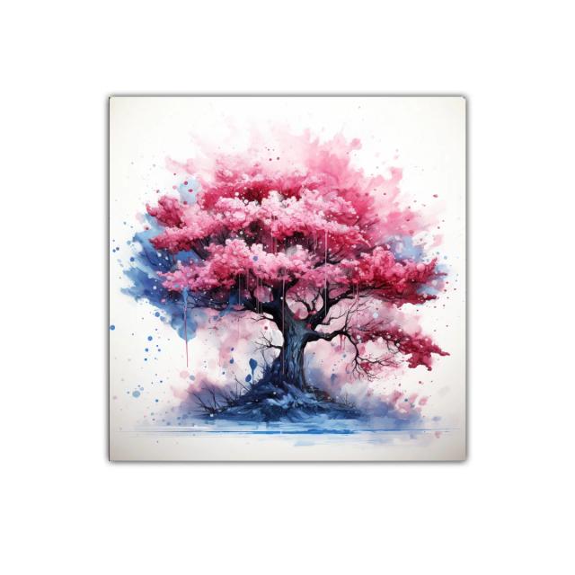 Árbol en tonos rosas vibrantes con fondo azul y blanco