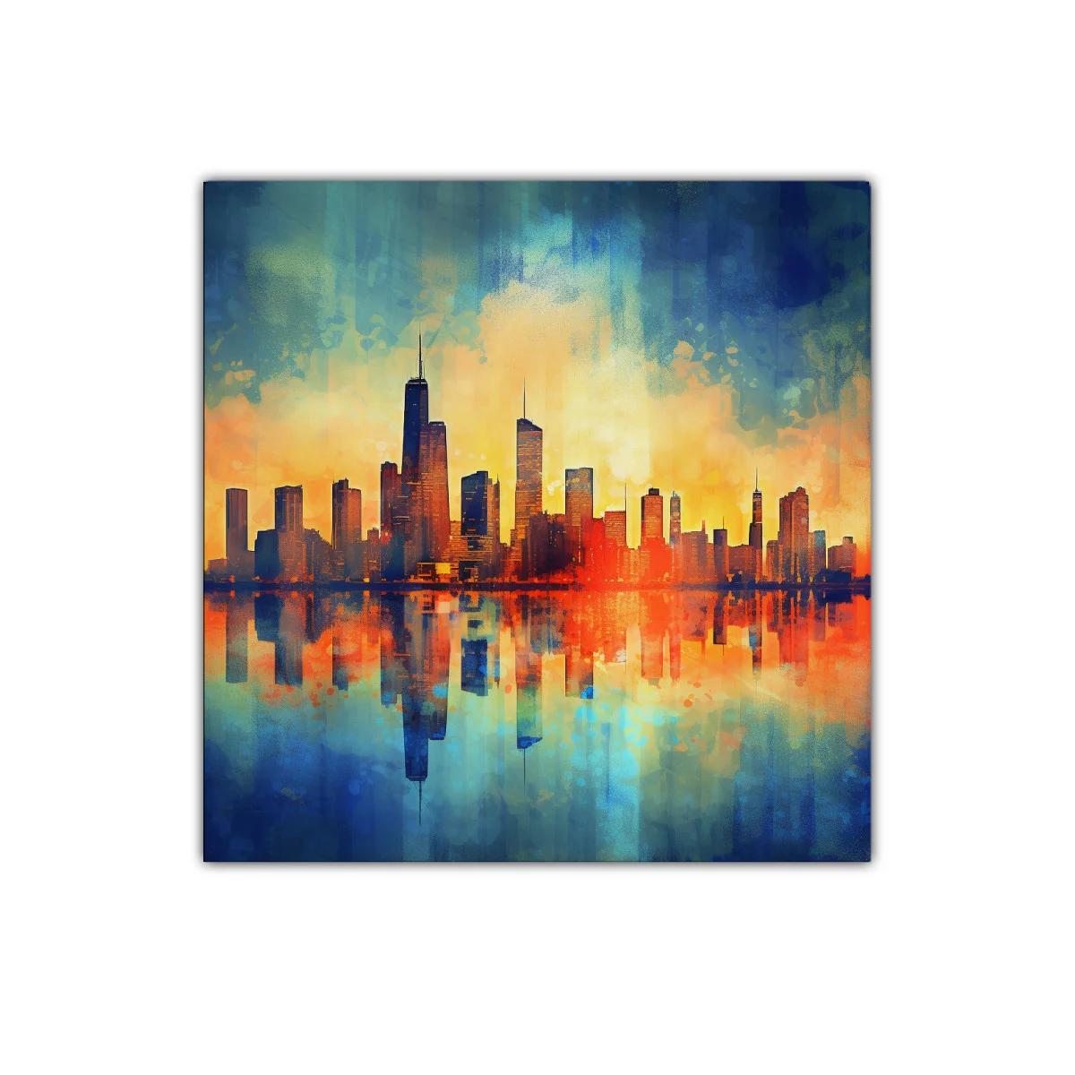 Vibrante paisaje urbano con reflejos al atardecer