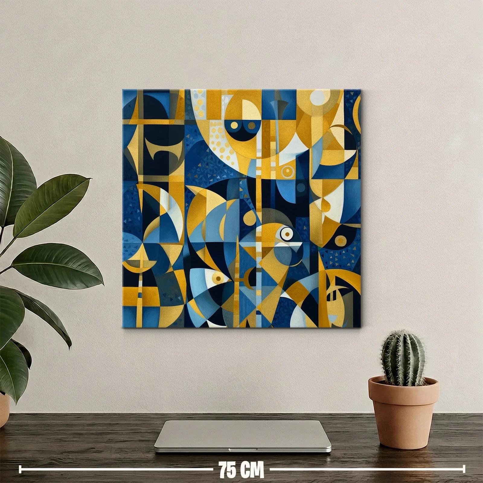 Cuadro geométrico con aves en tonos azul y dorado — miniatura 2