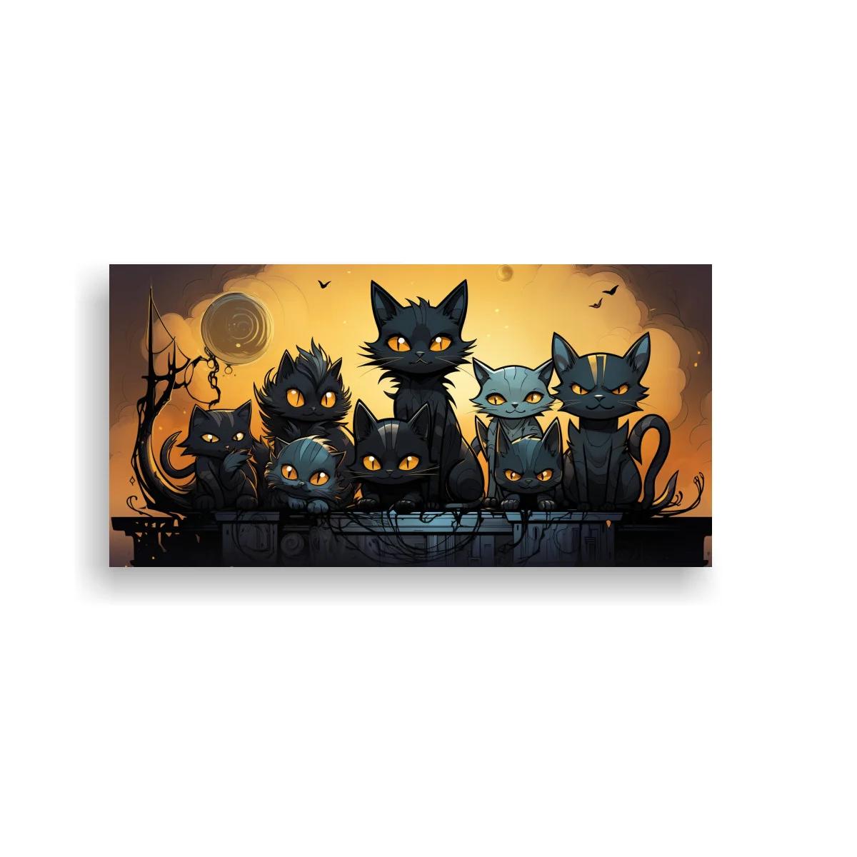 Cuadro grupo de gatos negros con murciélagos y halo nocturno