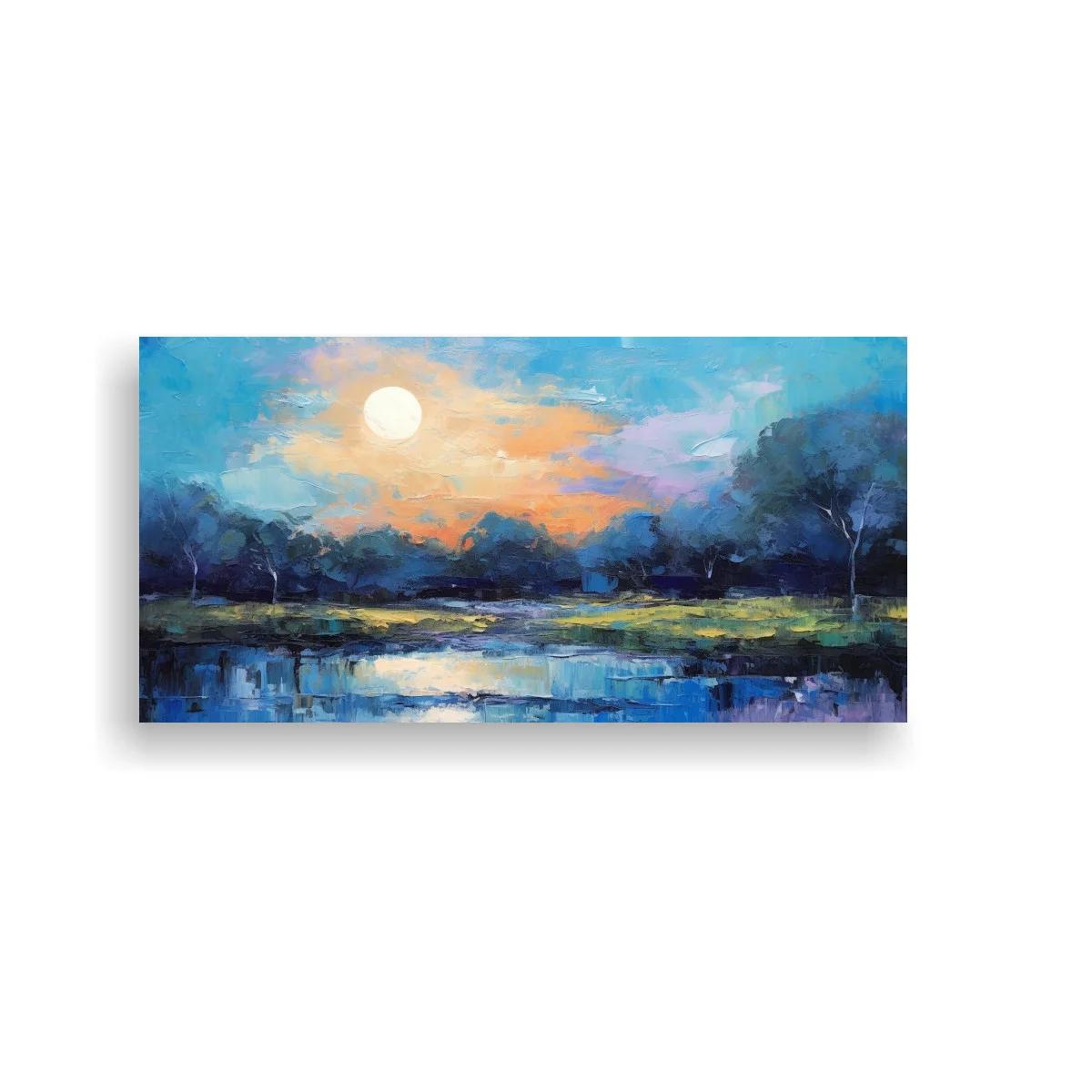 Cuadro paisaje de lago con sol redondo y cielo lila