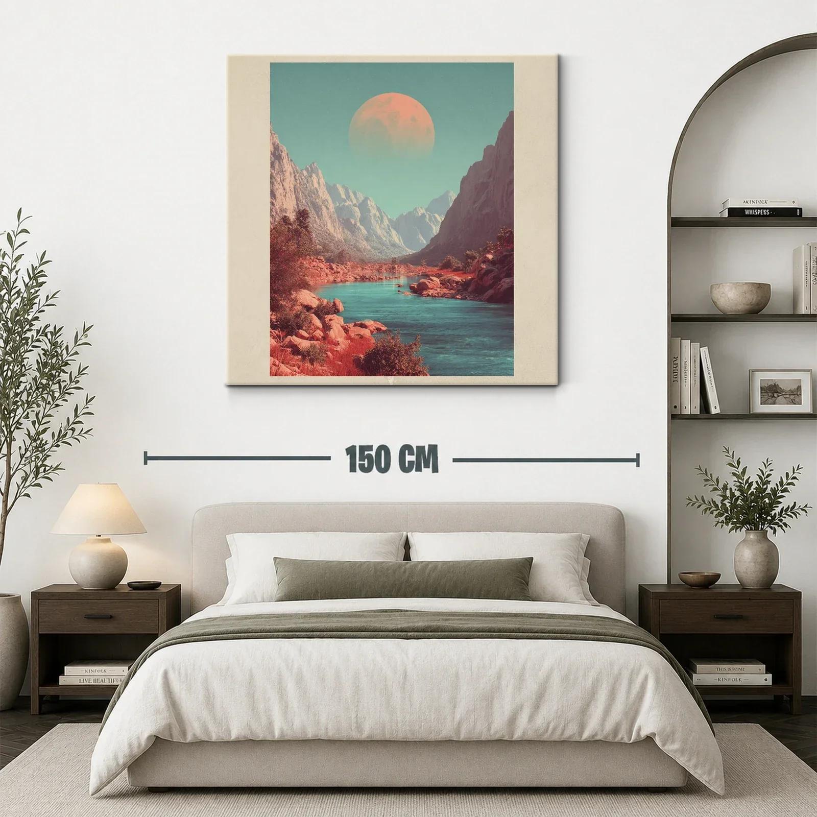 Paisaje montañoso con río y luna en tonos cálidos y fríos — miniatura 3