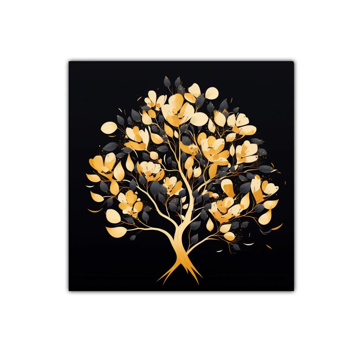 Árbol dorado con flores y hojas negras sobre fondo oscuro