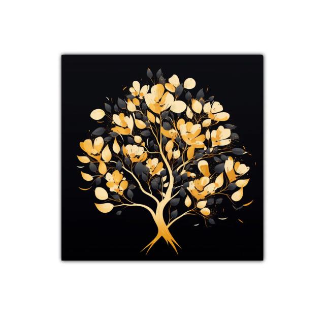 Árbol dorado con flores y hojas negras sobre fondo oscuro