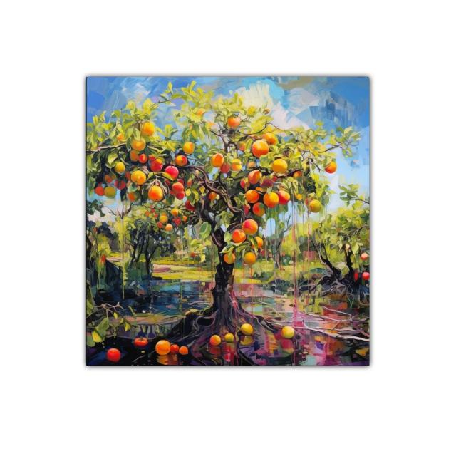 Árbol de frutas vibrante en un paisaje lleno de luz