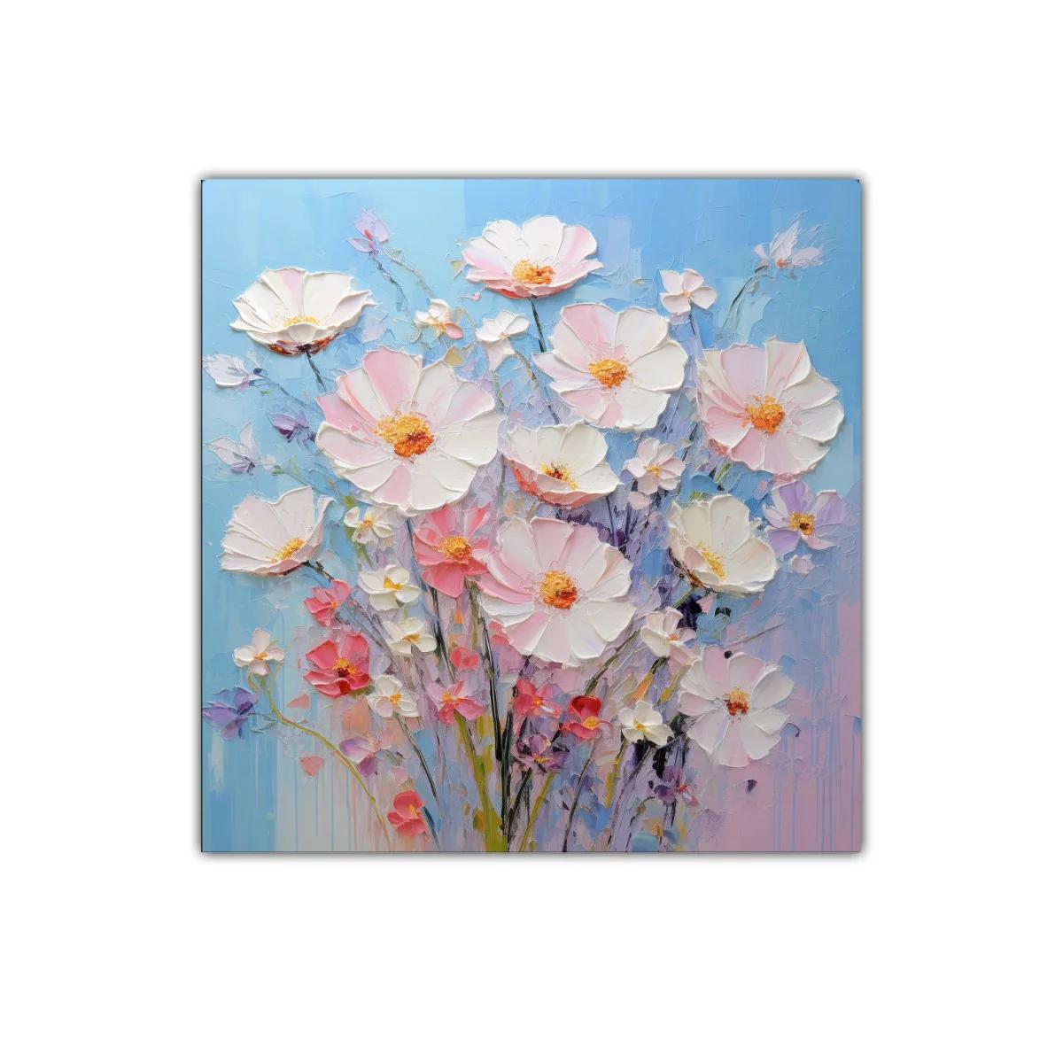 Cuadro ramo de flores delicadas en tonos pastel y fondo azul
