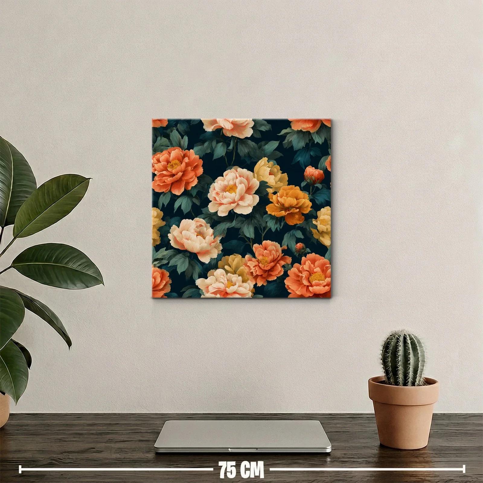Cuadro floral con peonías en tonos cálidos y fondo oscuro — miniatura 2