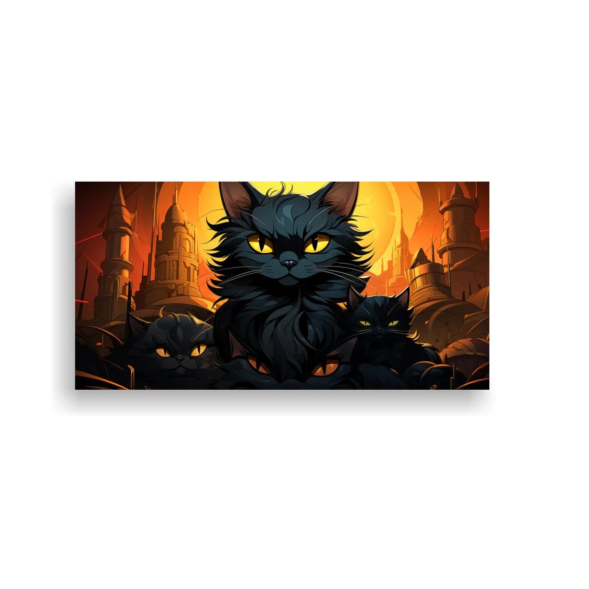 Cuadro gato negro de ojos amarillos con castillos y resplandor — imagen principal