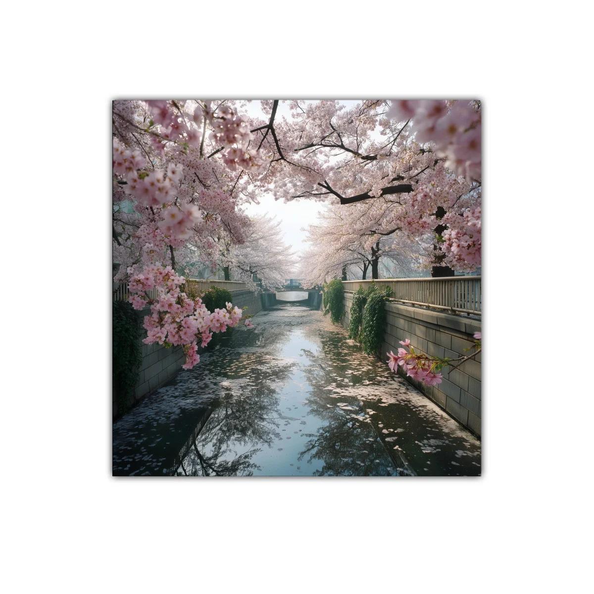 Paisaje sereno con cerezos en flor junto al río tranquilo