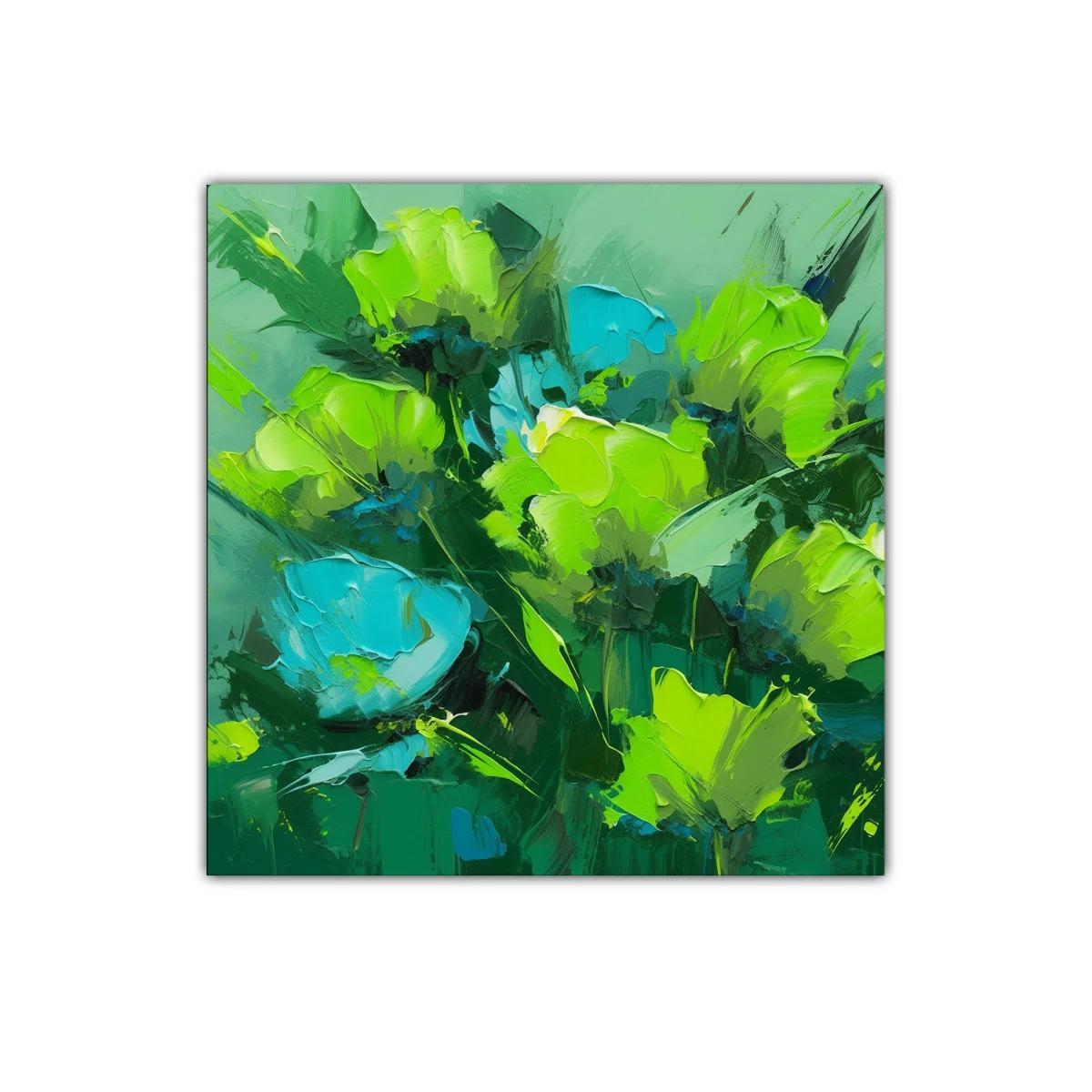 Cuadro decorativo con flores verdes y azules vibrantes